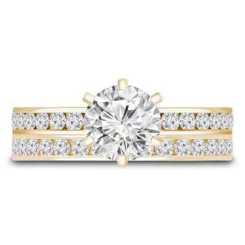 Round Lab Created Diamond 6-Prong Solitaire with Accents Engagement Ring and Wedding Band Set Ring in Yellow Gold Channel Set Accents (MVSLG1072-Y)