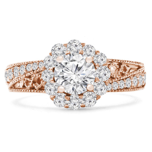 Round Lab Created Diamond Vintage Split-Shank Halo Engagement Ring in Rose Gold (MVSLG1086-R)