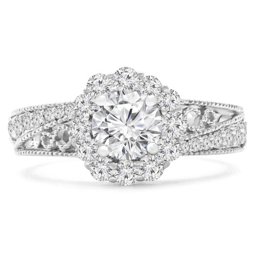 Round Lab Created Diamond Vintage Split-Shank Halo Engagement Ring in White Gold (MVSLG1086-W)