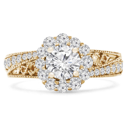 Round Lab Created Diamond Vintage Split-Shank Halo Engagement Ring in Yellow Gold (MVSLG1086-Y)