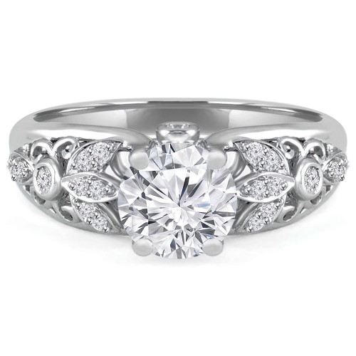 Round Lab Created Diamond Vintage Floral Solitaire with Accents Engagement Ring in White Gold (MVSLG1095-W)