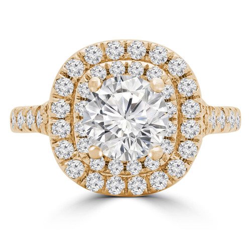 Round Lab Created Diamond Cathedral Double Cushion Halo Engagement Ring in Yellow Gold (MVSLG1246-Y)