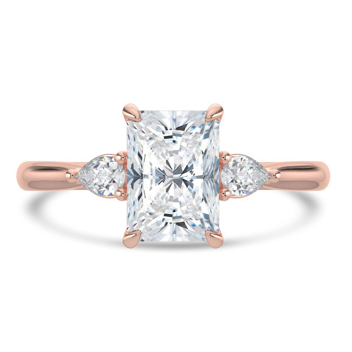 Radiant Lab Created Diamond Tapered Cathedral Open Bridge Three-Stone Engagement Ring in Rose Gold (MVSLG1327-R)