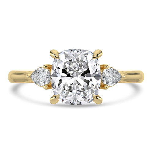 Cushion Lab Created Diamond Tapered Cathedral Open Bridge Three-Stone Engagement Ring in Yellow Gold (MVSLG1328-Y)