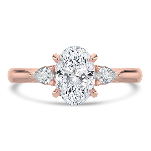 Oval Lab Created Diamond Tapered Cathedral Open Bridge Three-Stone Engagement Ring in Rose Gold (MVSLG1329-R)