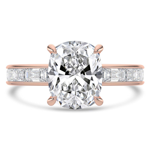 Cushion Lab Created Diamond Hidden Halo Solitaire with Accents Engagement Ring in Rose Gold with Channel Set Emerald Accents (MVSLG1475-R)