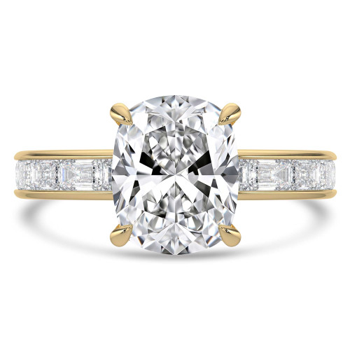 Cushion Lab Created Diamond Hidden Halo Solitaire with Accents Engagement Ring in Yellow Gold with Channel Set Emerald Accents (MVSLG1475-Y)
