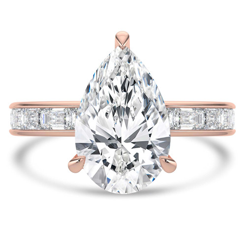 Pear Lab Created Diamond Hidden Halo Solitaire with Accents Engagement Ring in Rose Gold with Channel Set Emerald Accents (MVSLG1476-R)