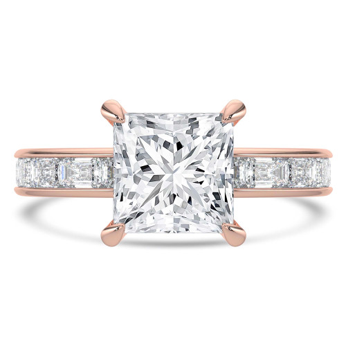 Princess Lab Created Diamond Hidden Halo Solitaire with Accents Engagement Ring in Rose Gold with Channel Set Emerald Accents (MVSLG1477-R)