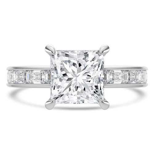Princess Lab Created Diamond Hidden Halo Solitaire with Accents Engagement Ring in White Gold with Channel Set Emerald Accents (MVSLG1477-W)