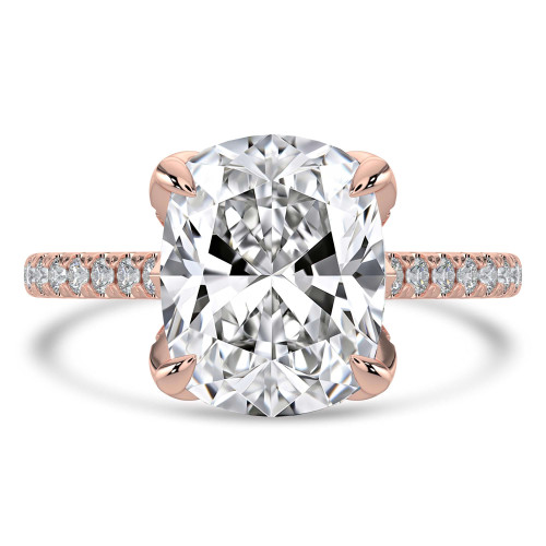Cushion Lab Created Diamond Cathedral Solitaire with Accents Engagement Ring in Rose Gold with Pave Diamond Bridge and Prongs (MVSLG1490-R)