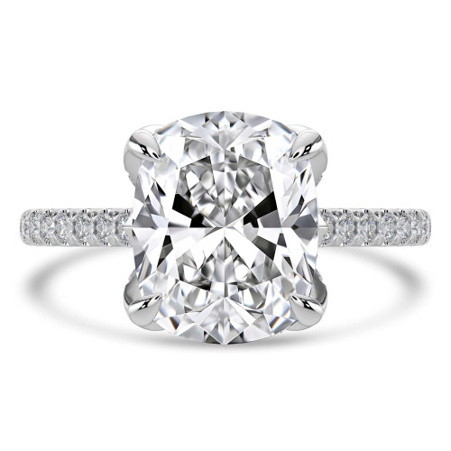 Cushion Lab Created Diamond Cathedral Solitaire with Accents Engagement Ring in White Gold with Pave Diamond Bridge and Prongs (MVSLG1490-W)