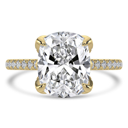 Cushion Lab Created Diamond Cathedral Solitaire with Accents Engagement Ring in Yellow Gold with Pave Diamond Bridge and Prongs (MVSLG1490-Y)