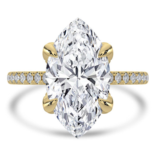Marquise Lab Created Diamond Cathedral Solitaire with Accents Engagement Ring in Yellow Gold with Pave Diamond Bridge and Prongs (MVSLG1492-Y)