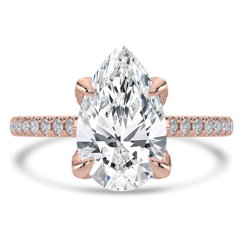 Pear Lab Created Diamond Cathedral Solitaire with Accents Engagement Ring in Rose Gold with Pave Diamond Bridge and Prongs (MVSLG1493-R)