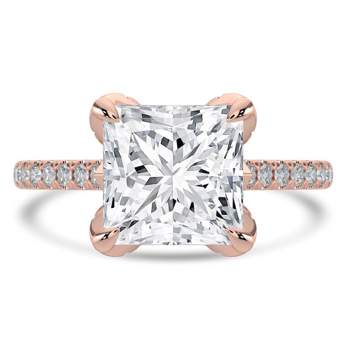 Princess Lab Created Diamond Cathedral Solitaire with Accents Engagement Ring in Rose Gold with Pave Diamond Bridge and Prongs (MVSLG1494-R)