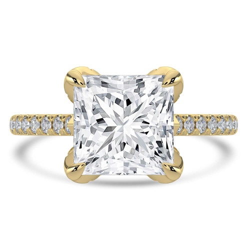 Princess Lab Created Diamond Cathedral Solitaire with Accents Engagement Ring in Yellow Gold with Pave Diamond Bridge and Prongs (MVSLG1494-Y)