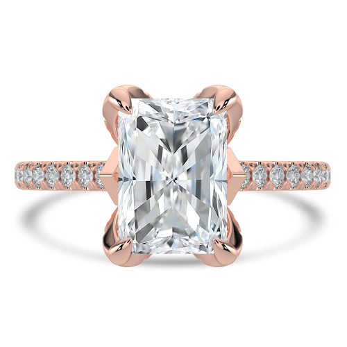 Radiant Lab Created Diamond Cathedral Solitaire with Accents Engagement Ring in Rose Gold with Pave Diamond Bridge and Prongs (MVSLG1495-R)
