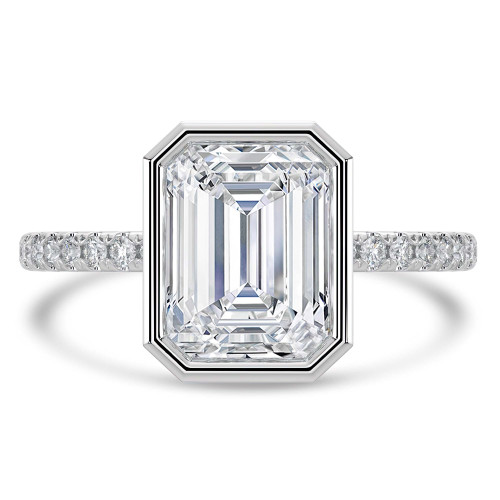Emerald Lab Created Diamond Bezel Set Open Bridge Solitaire with Accents Engagement Ring in White Gold (MVSLG1501-W)