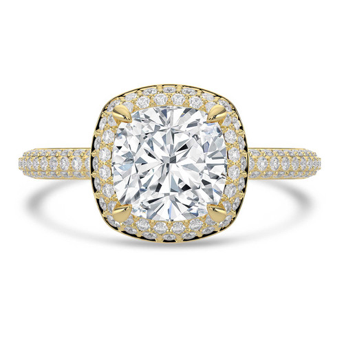 Cushion Lab Created Diamond 4-Prong 3-Row Pave Dome Halo Engagement Ring in Yellow Gold (MVSLG1525-Y)