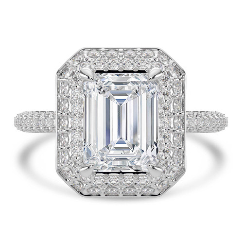 Emerald Lab Created Diamond 4-Prong 3-Row Pave Dome Halo Engagement Ring in White Gold (MVSLG1527-W)