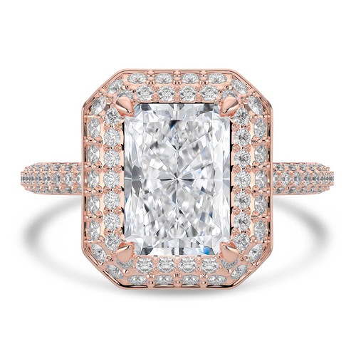 Radiant Lab Created Diamond 4-Prong 3-Row Pave Dome Halo Engagement Ring in Rose Gold (MVSLG1528-R)