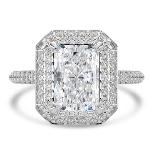 Radiant Lab Created Diamond 4-Prong 3-Row Pave Dome Halo Engagement Ring in White Gold (MVSLG1528-W)