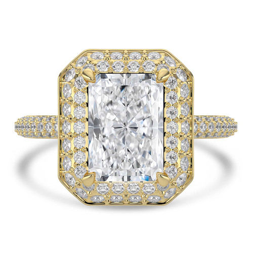 Radiant Lab Created Diamond 4-Prong 3-Row Pave Dome Halo Engagement Ring in Yellow Gold (MVSLG1528-Y)
