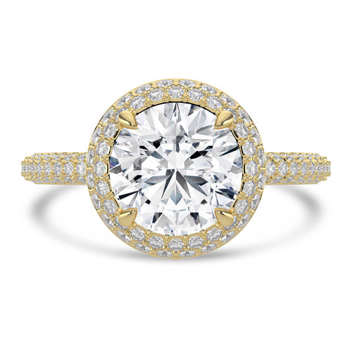 Round Lab Created Diamond 4-Prong 3-Row Pave Dome Halo Engagement Ring in Yellow Gold (MVSLG1529-Y)
