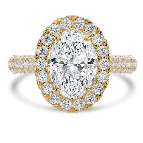 Oval Lab Created Diamond 4-Prong 3-Row Pave Cathedral Halo Engagement Ring in Yellow Gold with Hidden Accents (MVSLG1549-Y)