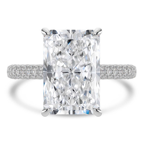 Radiant Lab Created Diamond 4-Prong 3-Row Pave Cathedral Solitaire with Accents Engagement Ring in White Gold with Hidden Halo and Accented Bridge (MVSLG1560-W)