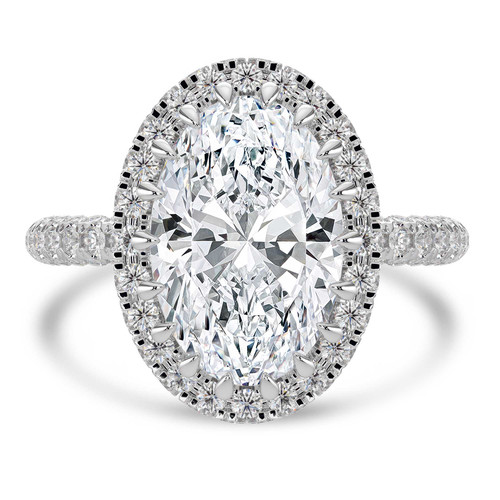 Oval Lab Created Diamond Prong Set 3-Row Pave Rollover Halo Engagement Ring in White Gold with Hidden Accents (MVSLG1562-W)