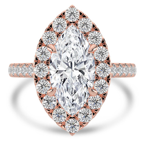 Marquise Lab Created Diamond 4-Prong Cathedral Halo Engagement Ring in Rose Gold with Diamond Bridge and Hidden Accents (MVSLG1576-R)