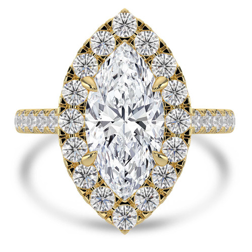 Marquise Lab Created Diamond 4-Prong Cathedral Halo Engagement Ring in Yellow Gold with Diamond Bridge and Hidden Accents (MVSLG1576-Y)