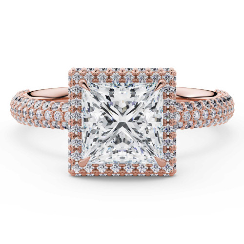 Princess Lab Created Diamond 4-Prong 3-Row Pave Rollover Halo Engagement Ring in Rose Gold with Hidden Accents (MVSLG1582-R)
