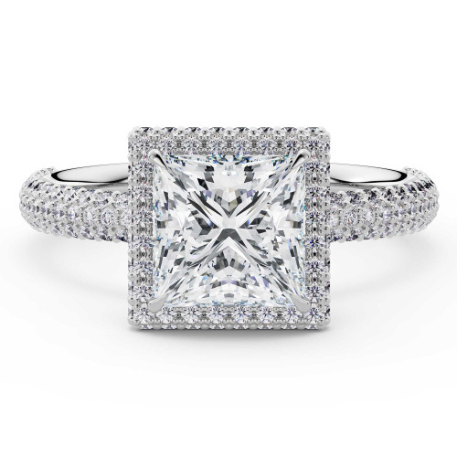 Princess Lab Created Diamond 4-Prong 3-Row Pave Rollover Halo Engagement Ring in White Gold with Hidden Accents (MVSLG1582-W)