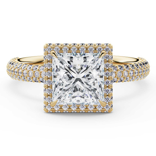 Princess Lab Created Diamond 4-Prong 3-Row Pave Rollover Halo Engagement Ring in Yellow Gold with Hidden Accents (MVSLG1582-Y)