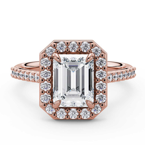 Emerald Lab Created Diamond 4-Prong Accented Crossover Bridge Halo Engagement Ring in Rose Gold (MVSLG1587-R)