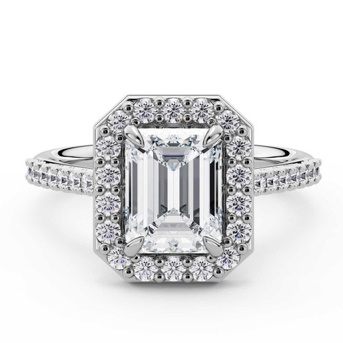 Emerald Lab Created Diamond 4-Prong Accented Crossover Bridge Halo Engagement Ring in White Gold (MVSLG1587-W)