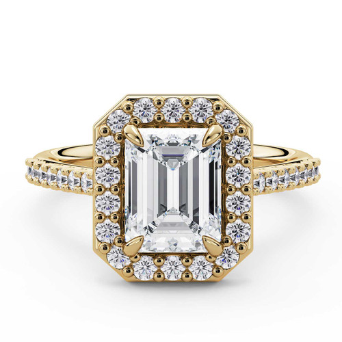 Emerald Lab Created Diamond 4-Prong Accented Crossover Bridge Halo Engagement Ring in Yellow Gold (MVSLG1587-Y)