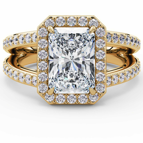 Radiant Lab Created Diamond 4-Prong Split-Shank Cathedral Halo Engagement Ring in Yellow Gold (MVSLG1589-Y)