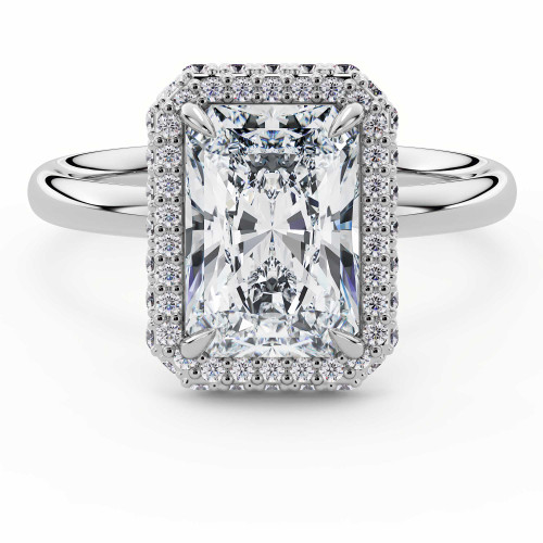 Radiant Lab Created Diamond Shared-prong Radiant Rollover Halo Engagement Ring in White Gold with Hidden Accented Basket and Bridge (MVSLG1599-W)