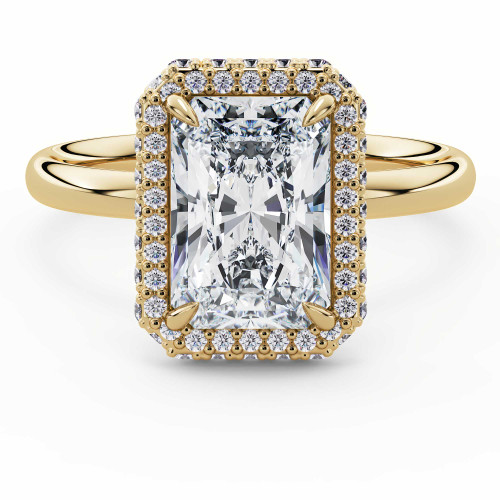 Radiant Lab Created Diamond Shared-prong Radiant Rollover Halo Engagement Ring in Yellow Gold with Hidden Accented Basket and Bridge (MVSLG1599-Y)