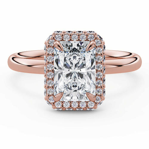 Radiant Lab Created Diamond rollover Emerald Halo Engagement Ring in Rose Gold with Accented Bridge & Basket (MVSLG1613-R)