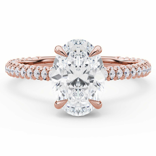 Oval Lab Created Diamond Hidden Halo Solitaire with Accents Engagement Ring in Rose Gold with Three-row Pave Shared Prong Accents (MVSLG1614-R)