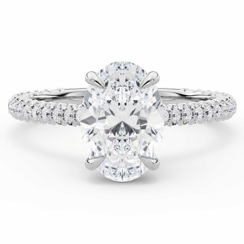 Oval Lab Created Diamond Hidden Halo Solitaire with Accents Engagement Ring in White Gold with Three-row Pave Shared Prong Accents (MVSLG1614-W)