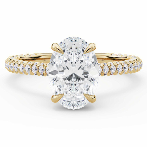 Oval Lab Created Diamond Hidden Halo Solitaire with Accents Engagement Ring in Yellow Gold with Three-row Pave Shared Prong Accents (MVSLG1614-Y)