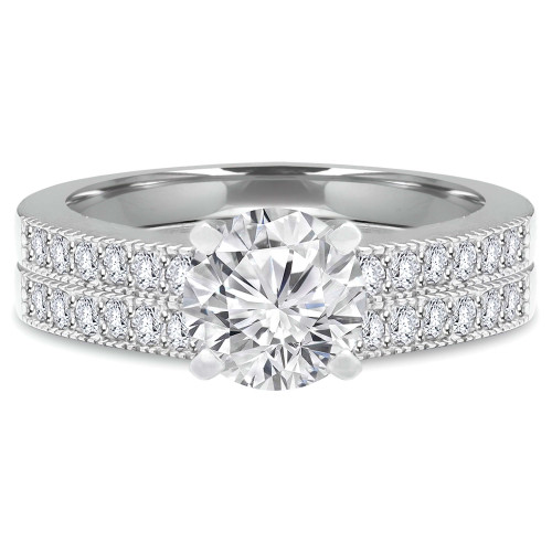 Round Diamond Vintage Solitaire with Accents Engagement Ring and Wedding Band Set Ring in White Gold (MVS0045-W)