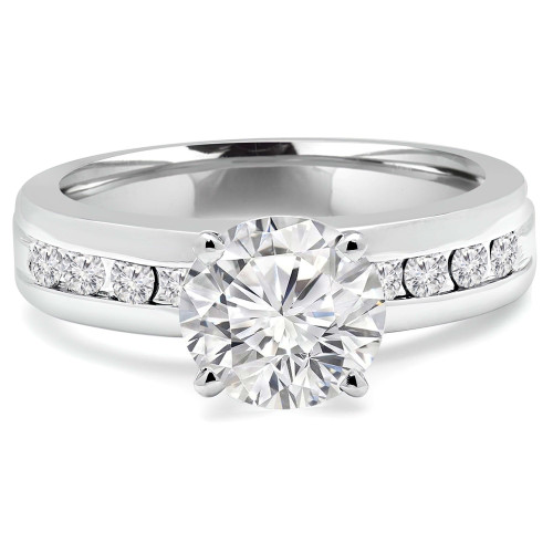 Round Diamond Solitaire with Accents Engagement Ring in White Gold with Channel Set Accents (MVS0060-W)