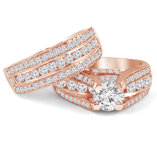 Round Diamond Vintage Split-Shank Three-Row Cathedral Diamond Bridge Solitaire with Accents Engagement Ring and Wedding Band Set Ring in Rose Gold (MVS0081-R)